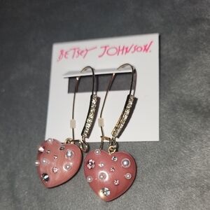 Betsey Johnson Pink and Gold Heart Earrings with Studded Embellishments